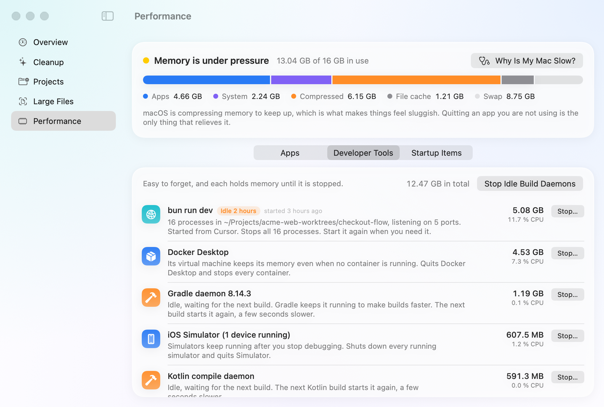 Mopup's Developer Tools: bun run dev, idle for 2 hours and started 3 hours ago from Cursor, 16 processes holding 5.08 GB, then Docker Desktop, an idle Gradle daemon, an iOS simulator and a Kotlin daemon, each with a Stop button.