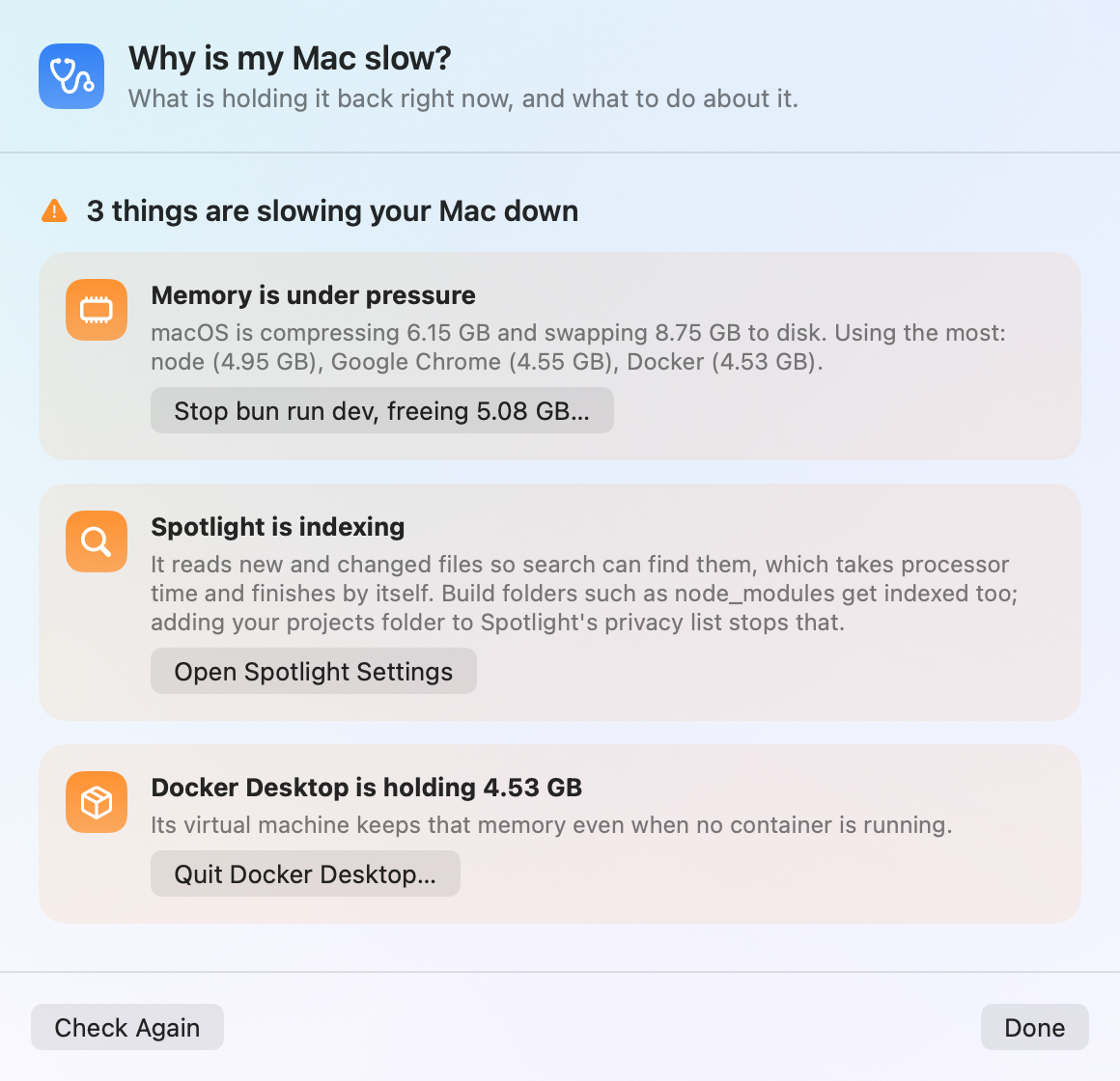 Mopup's check of why a demo Mac is slow: three things. Memory is under pressure, with a button that stops an idle dev server to free 5.08 GB; Spotlight is indexing; and Docker Desktop is holding 4.53 GB.