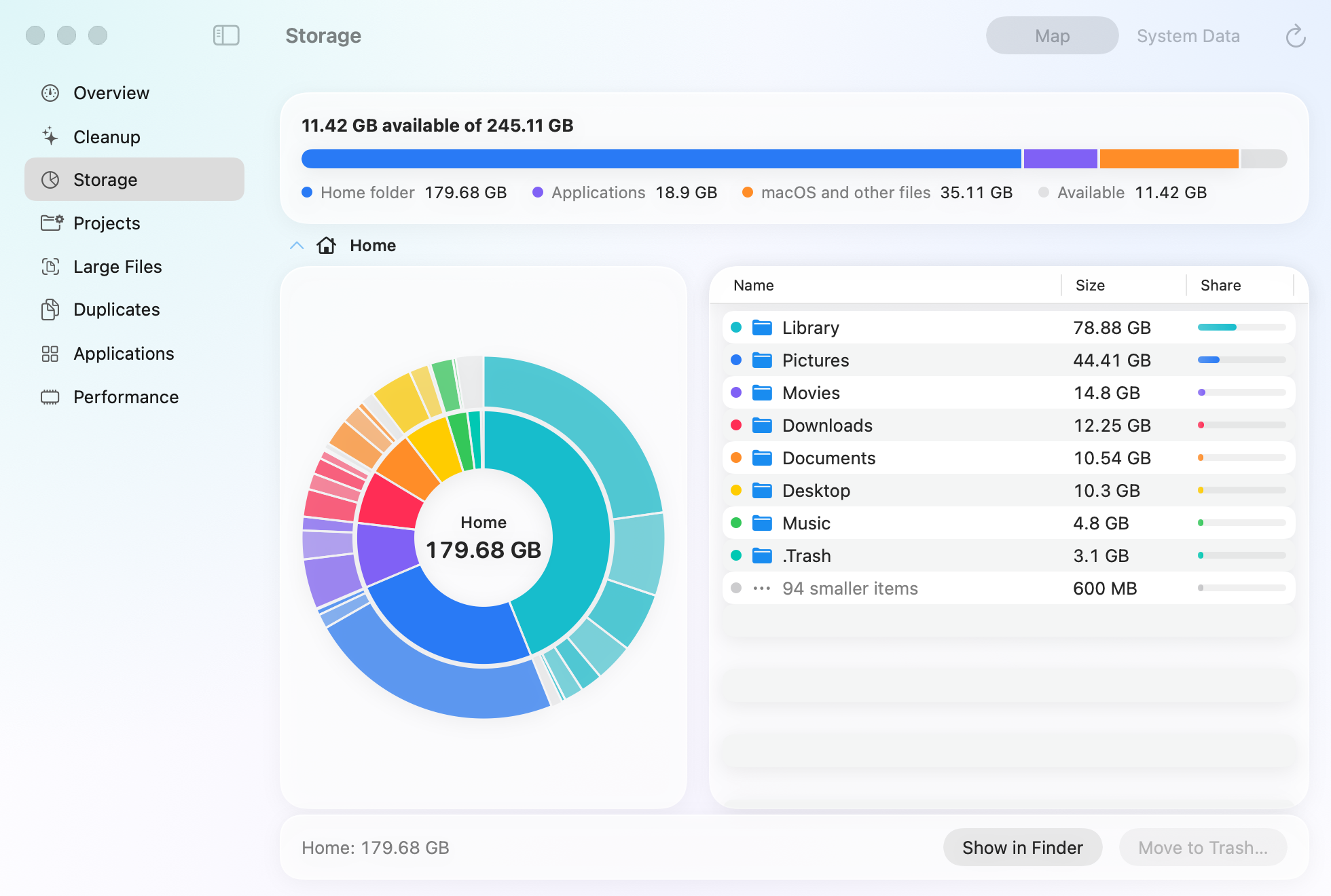 Mopup's Storage section on a demo Mac: a bar splitting the 245 GB disk into the home folder, applications, macOS and 11.42 GB available, and rings showing what fills the 179.68 GB home folder, led by Library at 78.88 GB, Pictures at 44.41 GB and Movies at 14.8 GB.