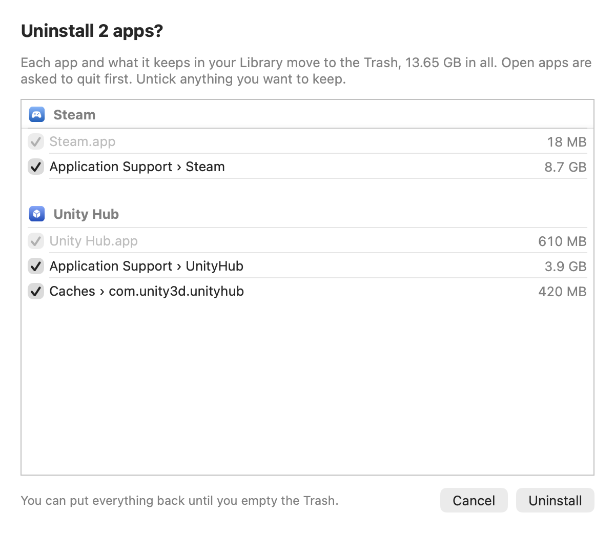 Mopup uninstalling two apps on a demo Mac: Steam and Unity Hub, each listed with the Library folders it keeps, 13.65 GB in all, everything going to the Trash.